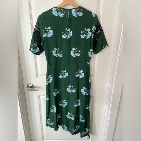 Maje | asymmetrical | black lace neckline | floral | silk |midi dress. - Picture 4 of 9